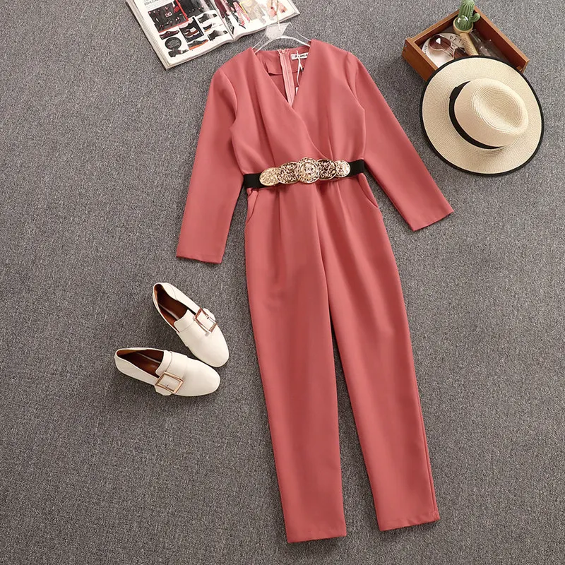 

2019 Autumn Women Fashion V Neck Long Sleeves High Waist Jumpsuit With Belt A1818