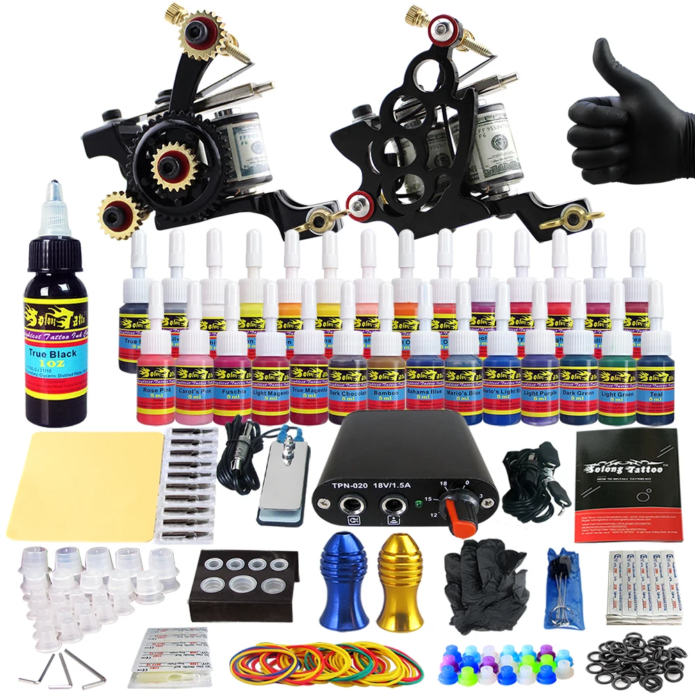 

Solong Tattoo Complete Professional 2 Tattoo Machine Guns Set Tattoo Kit 28 Inks Needle Grips Power Supply TK204-12