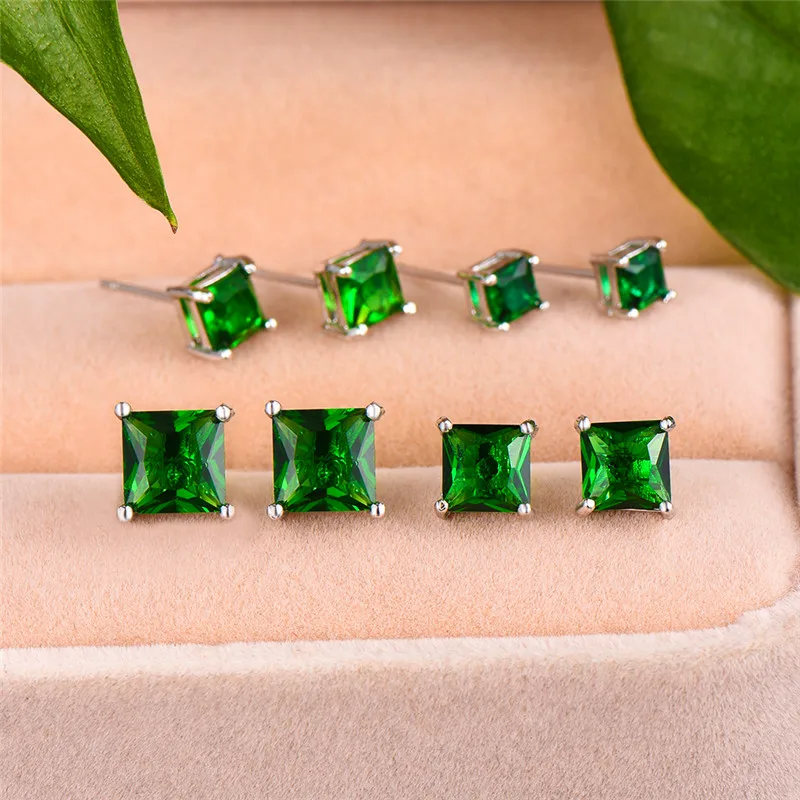 

Cute Female Small 4/5/6/7mm Square Earrings 100% Real Sterling Silver Stud Earrings Fashion White Blue Green Earrings For Women