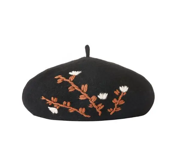 New Vintage Wool Beret Caps Women Floral Embroidery Woolen Painter Hat Autumn Winter Warm Pumpkin Cap Sweet Girls Baret Hat