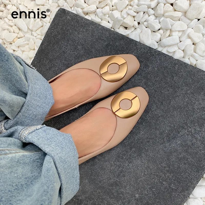 

ENNIS Woman Flats Genuine Leather Loafer Shoes Metal Decoration Womens Flat Casual Shoes Designer Spring Autumn New Black C0054