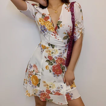 

Beach Style Summer Women Dress 2020 Runway Designer Elegant V-neck Short Sleeve Printed Short Chiffon A-Line Dress Female
