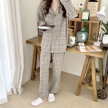 autumn winter homewear 2 piece set couple pajama set women men sleepwear plaid vintage loose home clothes trousers blouses L661