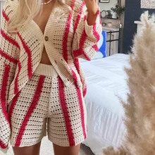 

Striped Print Knitted Cardigans Button Casual Fashion Loose Cardigan 2021 Autumn Long Sleeve V Neck Oversized Women Cardigan