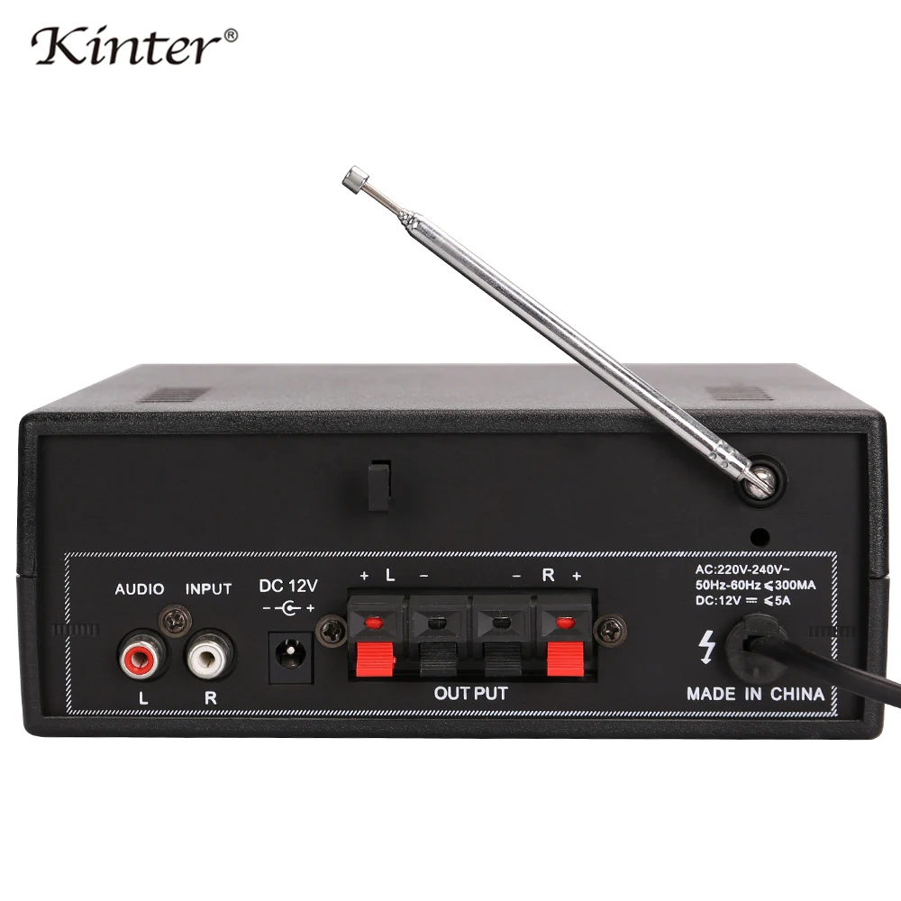 kinter 005 Hifi audio amplifier with radio USB SD MIC input 2.0CH 20W AC 220V DC 12V bass treble adjust offer remote control