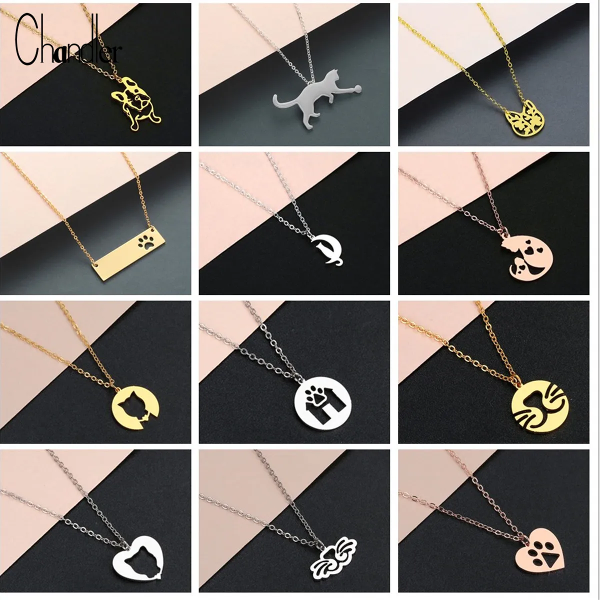 Chandler Stainless Steel Cat Necklace For Girl cat On the Moon French Bulldog Chain Choker Kitten Miao Paw Home Pet Gift Colier
