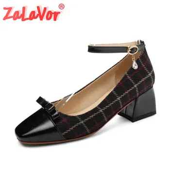 

ZALAVOR Women Shoes Pumps Square Bowknot Plaid Ankle Strap Thick Heel Pearl Office Lady Shoes Ladies Footwear Plus Size 31-45