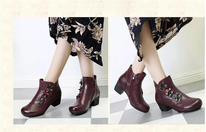 YAERNI Autumn Winter Shoes Woman Cow Leather Flower Shoes Comfort Med Heel Ankle Boots Genuine Leather Fashion Shoes women