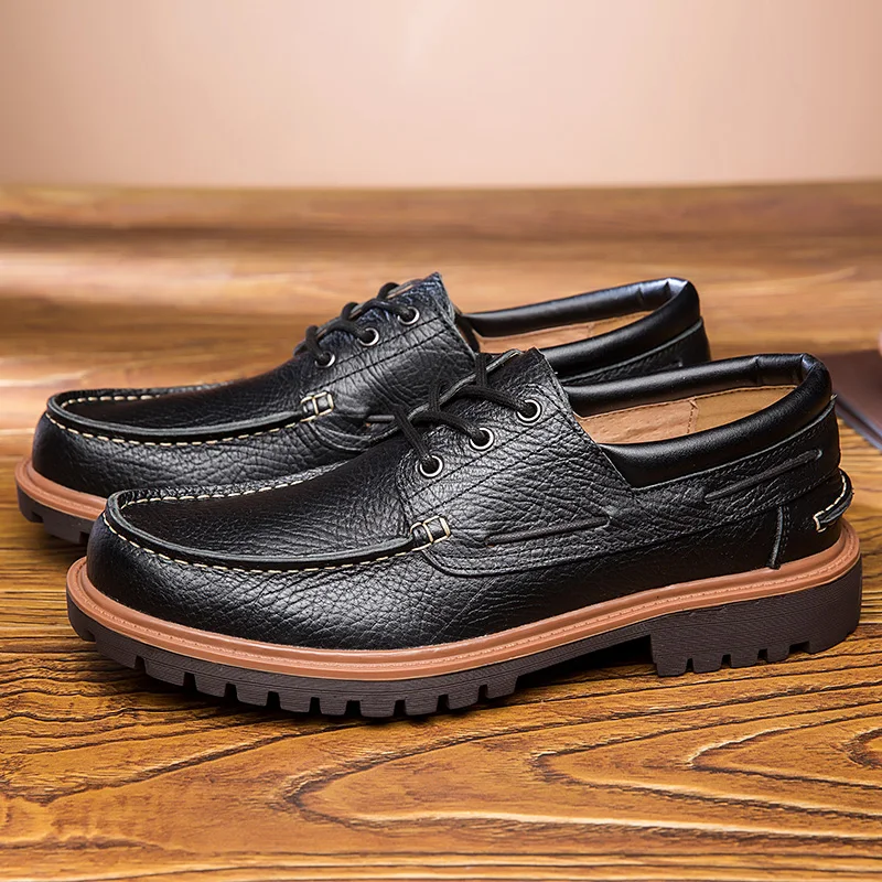Large Size Luxury Brand Leather Boat Shoes British Style Handmade Fashion Casual Flats  4#15/15F50