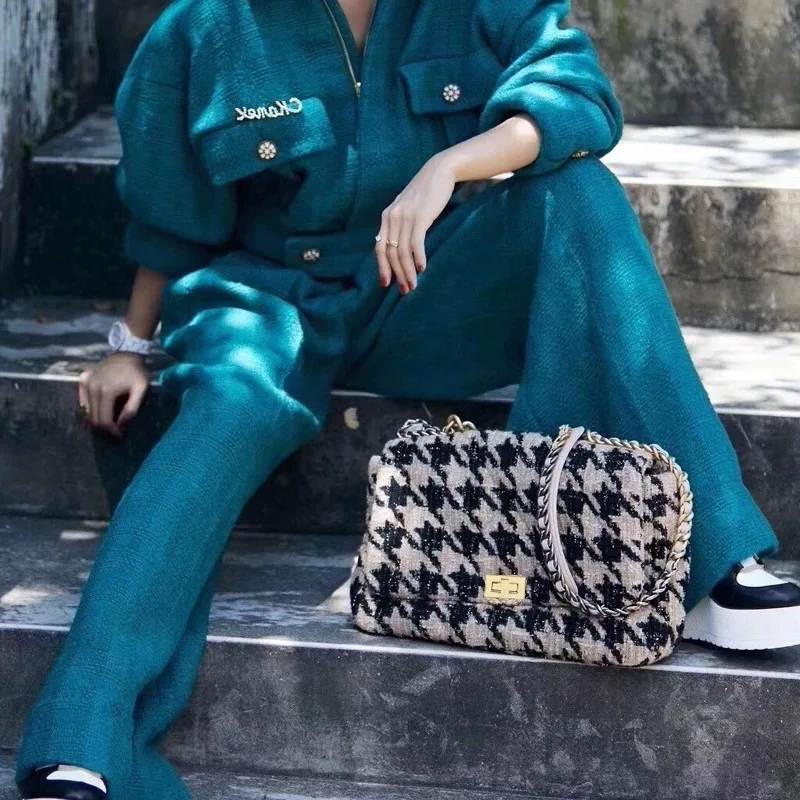 

2019 Autumn Winter Houndstooth clamshell Chain Bag Lady Retro Woolen Handbags Large Plaid Pink shoulder Bag Girls Crossbody Bag