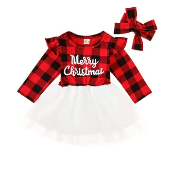 

Christmas Toddler Baby Girls Plaid Dress Clothes Ruffle Long Sleeve Letter Print Tulle Tutu Dresses+Headband Children Clothing