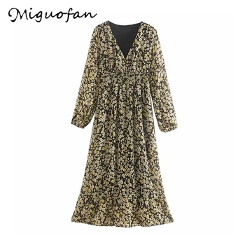 

Miguofan boho dress summer deep v neck flower print pleated chiffon dress long bohemian elastic casual holiday dresses women za