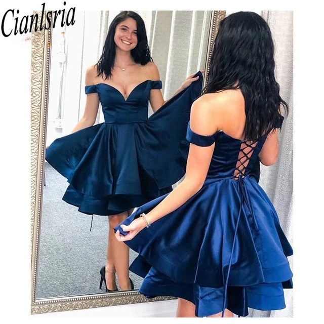 azul marino de fiesta para mujer, Vestido corto con hombros descubiertos, fotos personalizado, dulce, 16, graduación - AliExpress