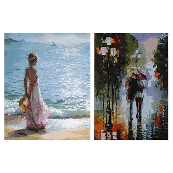

HOT 2 Set DIY Oil Painting Paint By Numbers Kit 16X20 Inch Frameless - Walking in The Rain & Facing The Sea