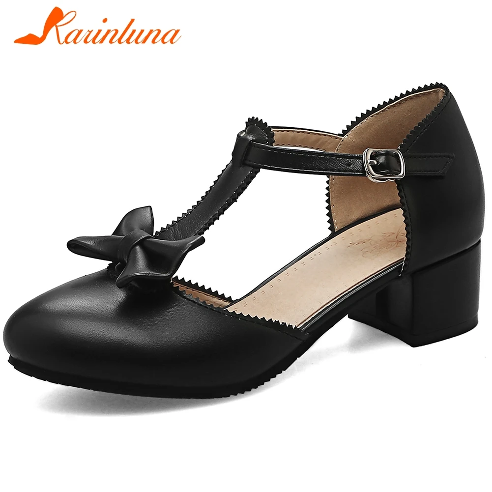 

Karinluna New Design 2020 T-Strap Sandals Woman Shoes Sweet Bowtie Buckle Strap Chunky Heels Concise Shoes Women Sandals Female