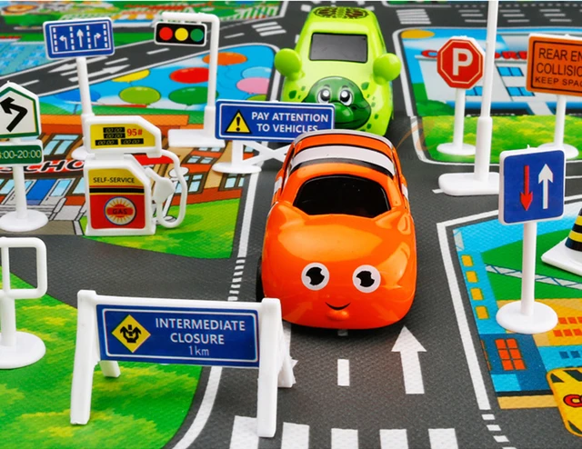 28 Pcs English Version Parking Lot Road Sign Toy DIY Model Mini Playmat Traffic Signs Road Accessories Light Block Car Toy Kids 3