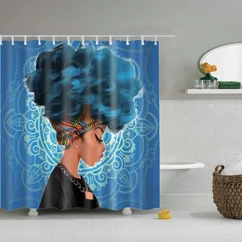 

Dafield African American 3D Retro Style Print Waterproof Polyester Shower Curtain with 12 Hooks Blue Hair Afro Beauty.