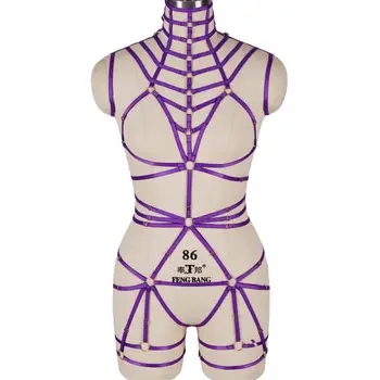 

Body Cage Purple Harness Lingerie Top Neck Strappy Chest Bondage Triangle Frame Suspender Elastic Adjust High Waist Garter Leg