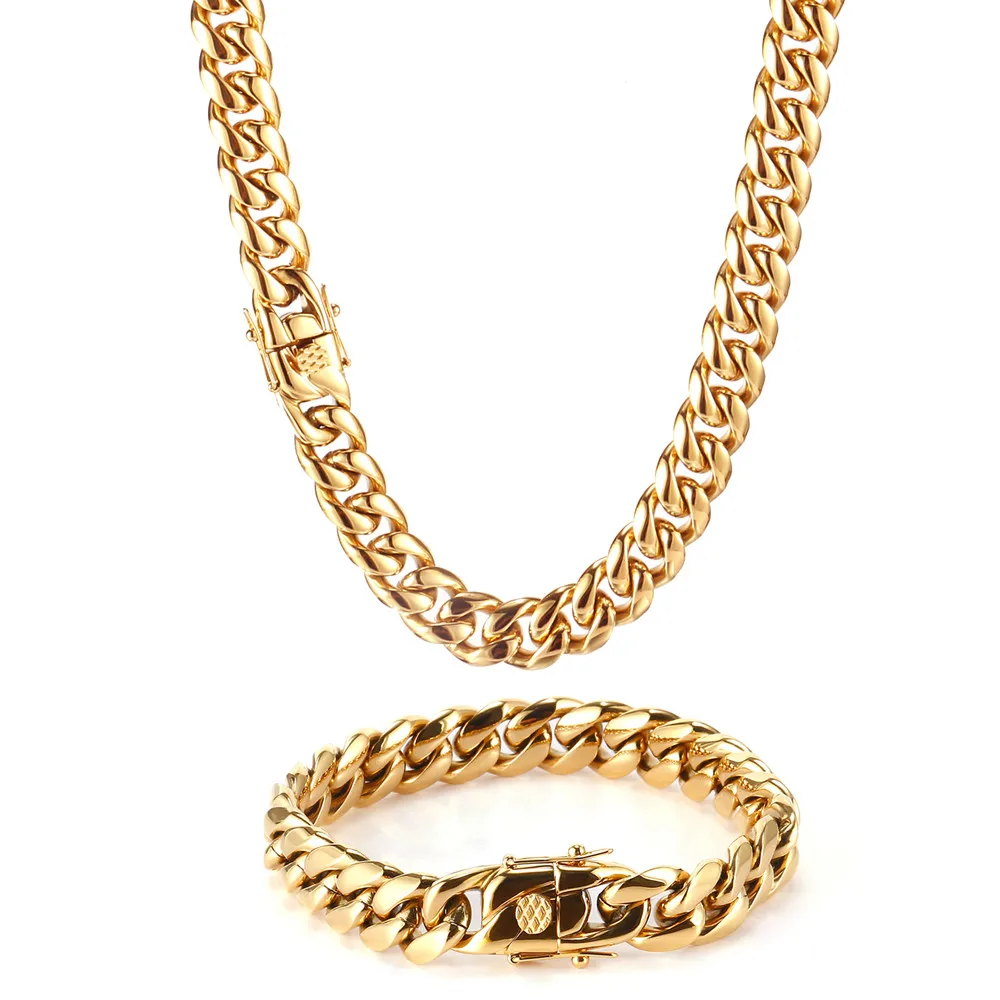 Gold I.P Stainless Steel Beveled Cuban Chain Necklace - 9mm width