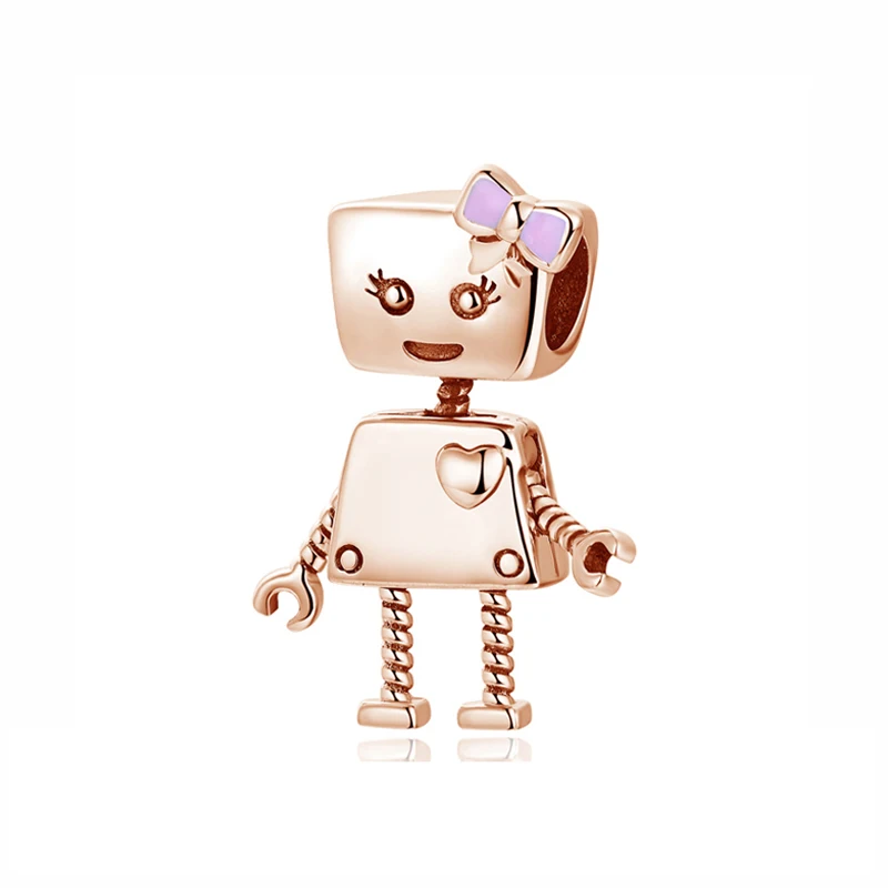 Heart Robot Подлинный серебряный шарм 925 пробы, розовая бусина, Золотая подвеска на клипсах, талисманы CZ, подходят для браслетов Pandora, Женские Ювелирные изделия DIY - Цвет: Heart Robot
