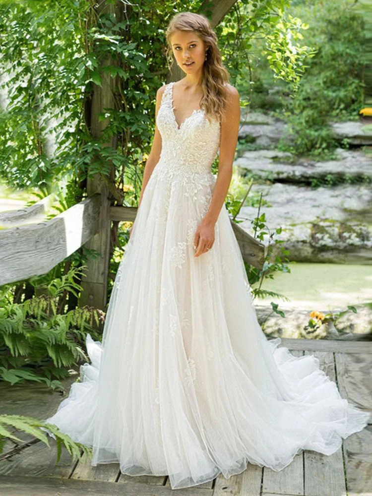 Vestido De Noiva ТРАПЕЦИЕВИДНОЕ свадебное платье с v-образным вырезом Топ кружевное свадебное платье с аппликациеми на заказ свадебное платье с коротким шлейфом
