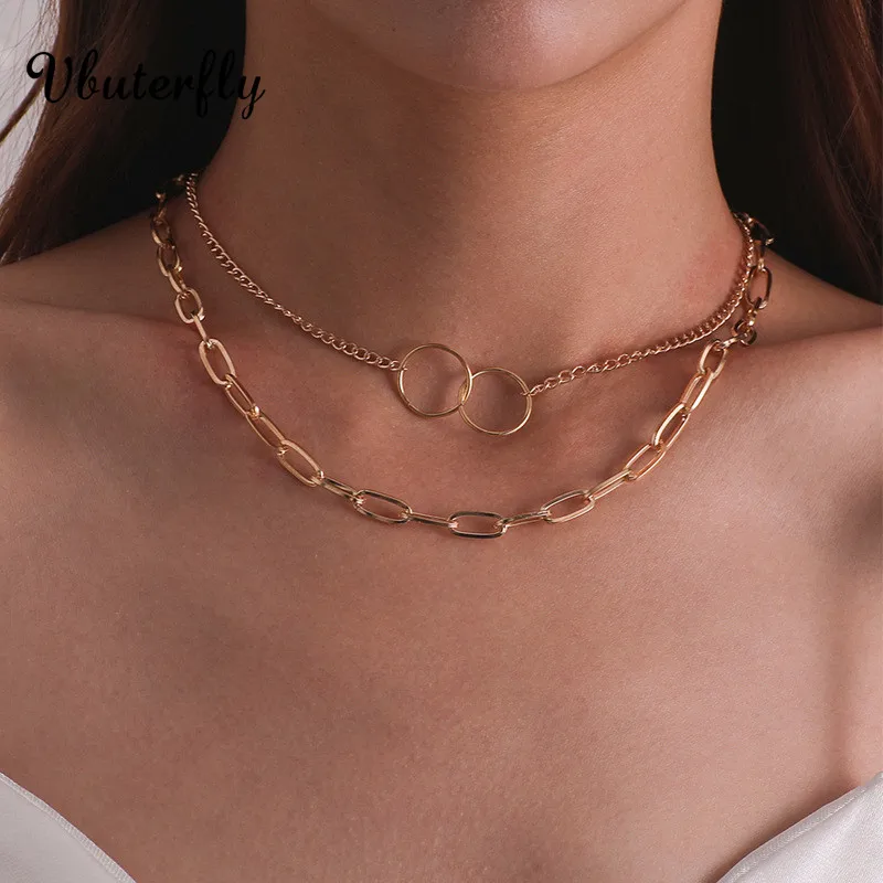 

38+10cm Double Circle Layer Necklace Chunky Link/linked Rings Chain for Women GOLD-Plate Chunky Long Link Layered Necklace F2G36