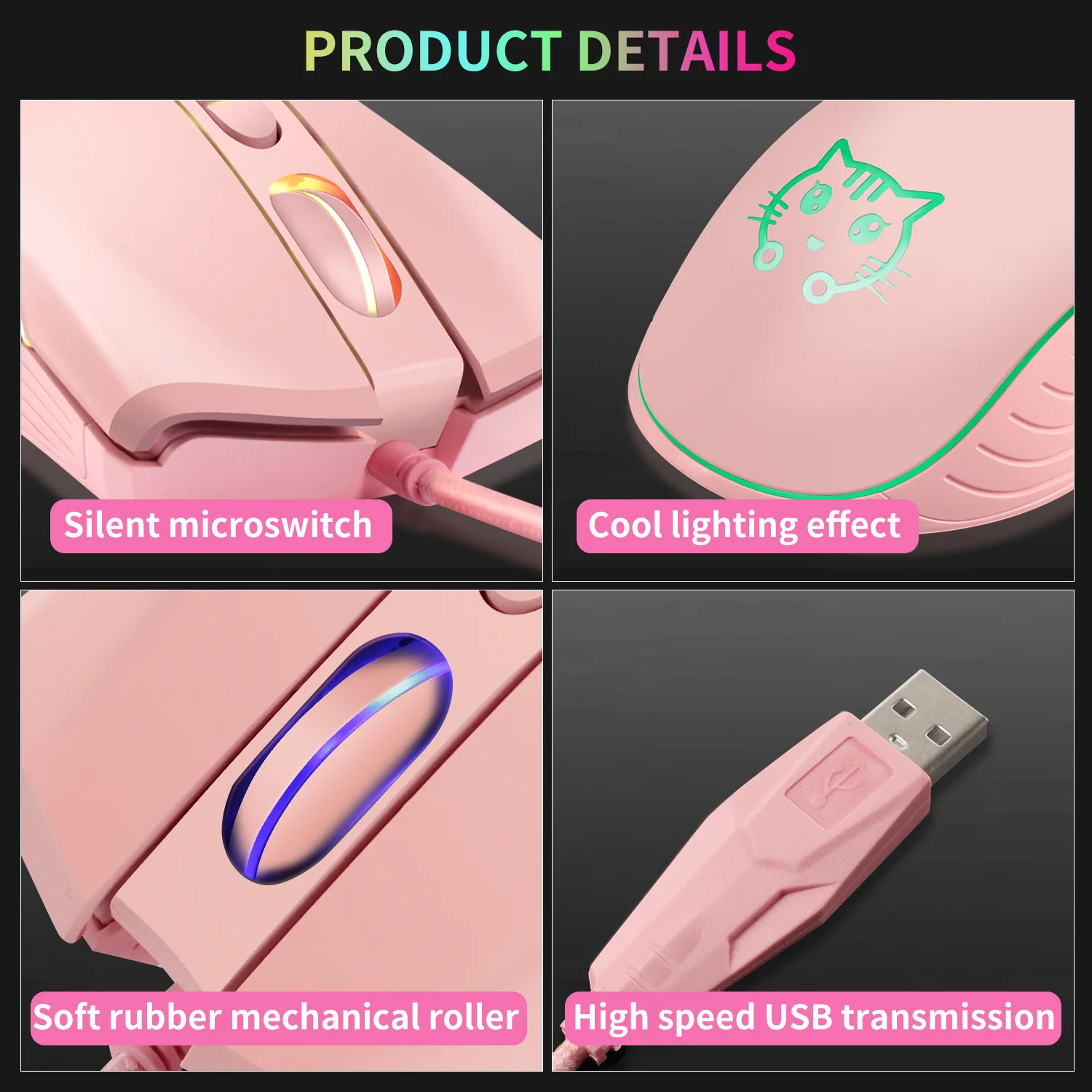 Cute Cat Gaming Mice 2400dpi Colorful Backlight Mouse 4 Level DPI USB Wired Women Girl Pink Computer Mouse