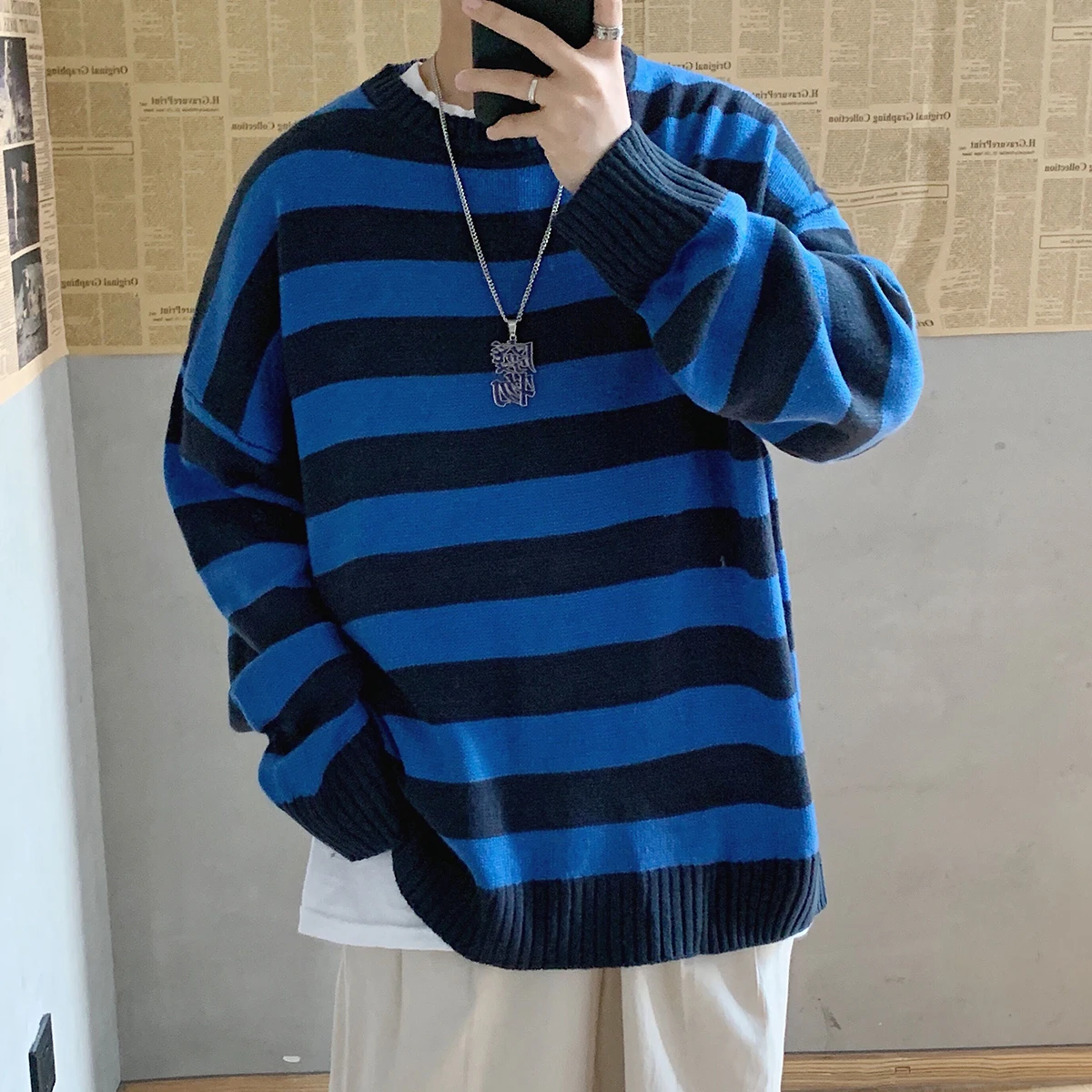 Privathinker мужской полосатый Повседневный вязаный свитер мужской Корейский коллаж осенний пуловер Топы мужской свитер с круглым вырезом - Цвет: BlueBlack TiaoWen