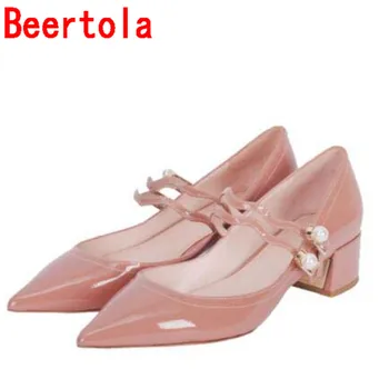 

Patent Leather Mary Jane Women's Shoes Pointed Toe Hollow Sexy Pumps Shoes Women Pearl Buckle Med Heels Shoes 35-41 Size