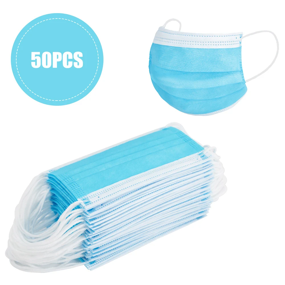 

50Pcs/Lot Face Mouth Masks 3-layer Non-woven Disposable Dustproof Breathable Hygiene Face Mask Elastic Earloops Mouth Mask 2020