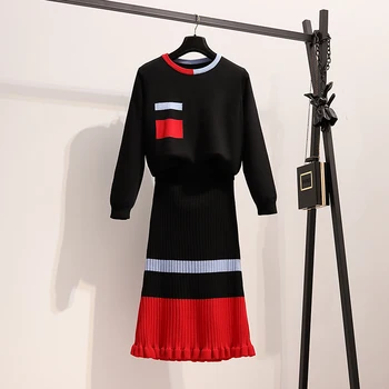 

HAMALIEL Runway Women Hit Color Striped Knitted Full Sleeve Loose Pullovers Sets Fashion Autumn Winter Bodycon Ruffles Skirt Set