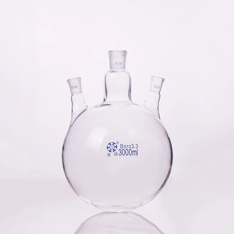 

Three-necked flask oblique shape,with three necks standard grinding mouth,Capacity 3000ml,Middle joint 24/29,lateral joint 19/26