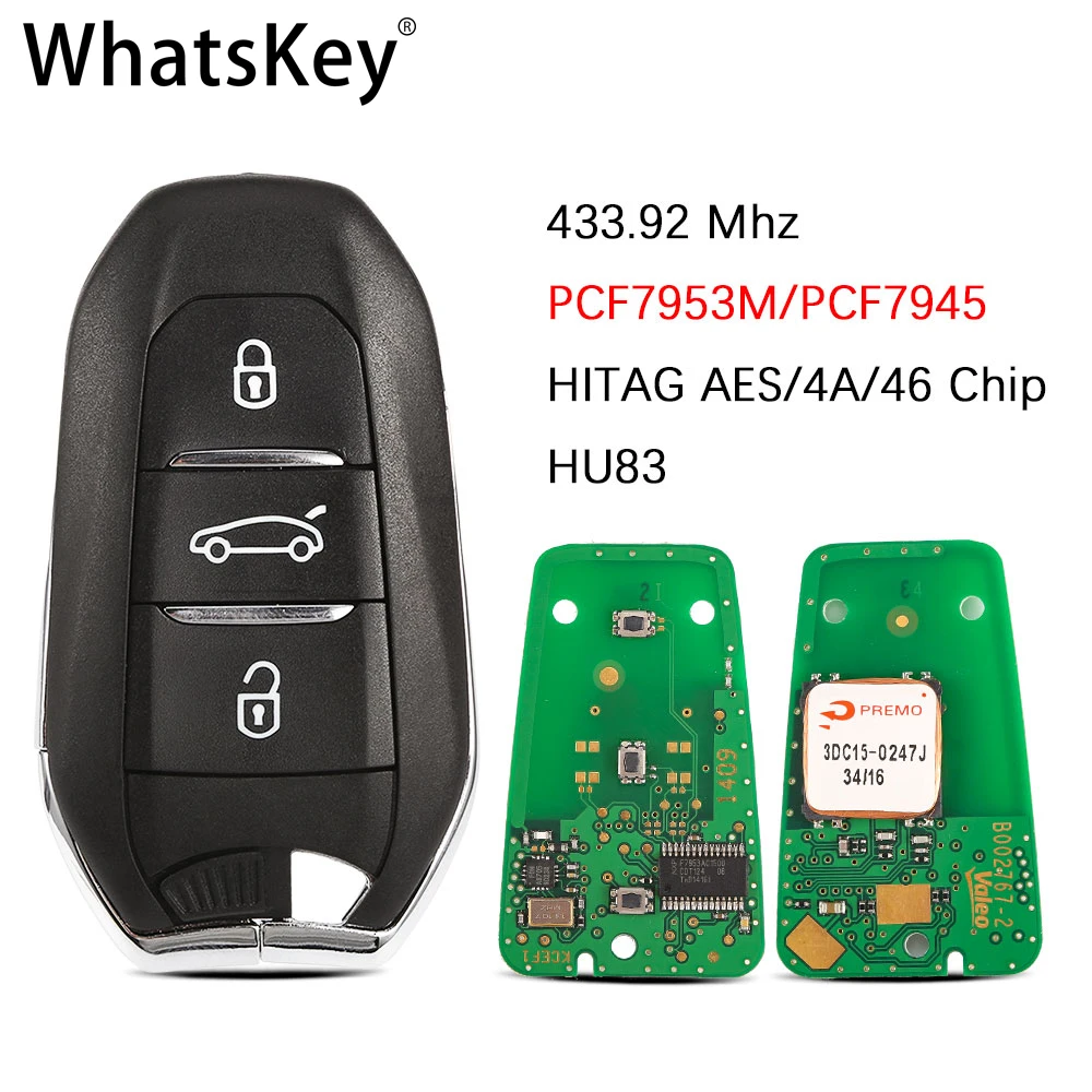 

3 Buttons Remote Key Smart For Peugeot 208 301 308 4008 508 3008 433.92MHz ID46/4A PCF7945/53M Chip AES Keyless Entry HU83 Blade