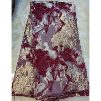 

Wine Red African Organza Lace Fabric High Quality French Tulle Net Lace Fabric Swiss Voile Lace with Gold Line Nierian for Dress