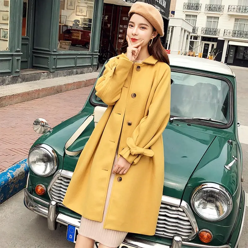 

Autumn Winter Hepburn Wind Wool Blends Coat Women Puff Sleeve Double Long Coats Female 2019 Retro Vintage Solid Ladies Clothing
