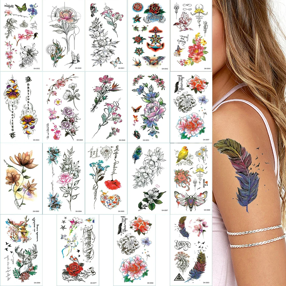 

Flowers Feather Arm Tattoos Colorful Butterfly Waterproof Body Art Temporary Tattoo Stickers Rose Fake Tattoo Orchid Mandala