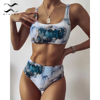 Bikini Bandeau con realce para mujer, traje de baño deportivo con estampado de mármol, cintura alta, 2021