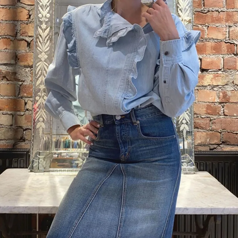 Women's Denim Blouse Ruffles Fresh Long Sleeve