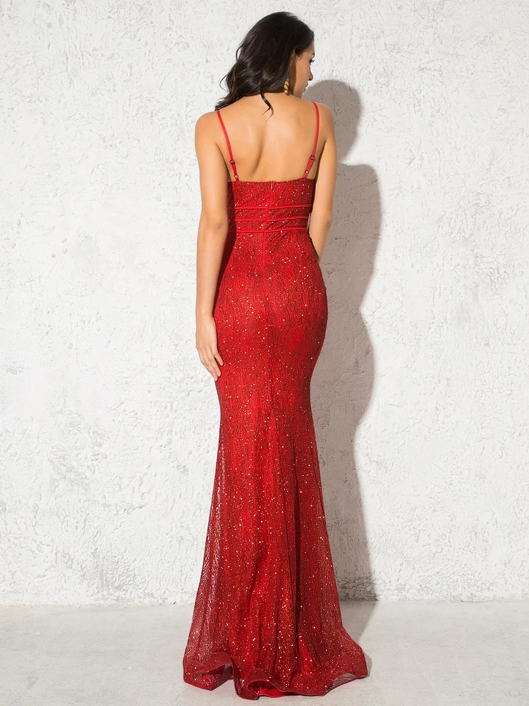 Sexy Red Glittered Maxi Dress V Neck Split Leg Backless Patchwork Mesh Sleeveless Floor Length Evening Party Dress