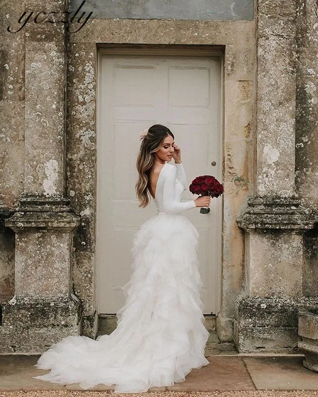 Vestidos De Novia Простой Круглый Вырез Топ без Спины Атласное свадебное платье с длинными рукавами многоуровневые свадебные платья плюс размер свадебное платье Y26