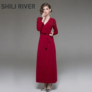 

New spring autumn ankle length dress for women a line long sleeve slim casual elegant red V neck high slit dress with belt