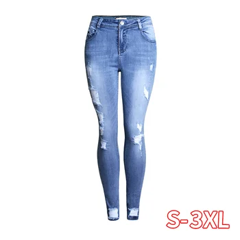 

Classic Distressed Jeans Women Mid Waist Stretchy Ripped True Denim Pants Skinny Pencil Jeans Woman