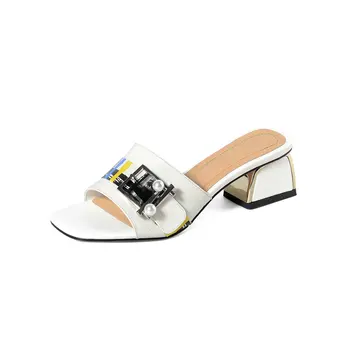 

Genuine Leather Mules Shoes Women Fashion Buckle high Heel flip flop Female slippers 2020 Spring New Shoes White black
