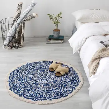 

Bohemian Mandala Round Carpet Living Room Bedroom Cotton Line Round Rug Carpet 90x90cm Area Rug Retro Floor Carpet