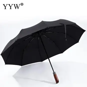 

Automatic Umbrella 3 Folding Black Umbrellas With Wood Handle Family Big Parasol Paraguas For Rain And Sun Umbrella Rain Women
