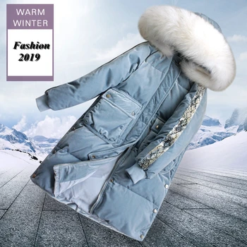 

Real fur collar Parkas Women 2019 Hooded Winter Coat women Long Gold velvet Winter Jacket female White duck down Jacket WJ397