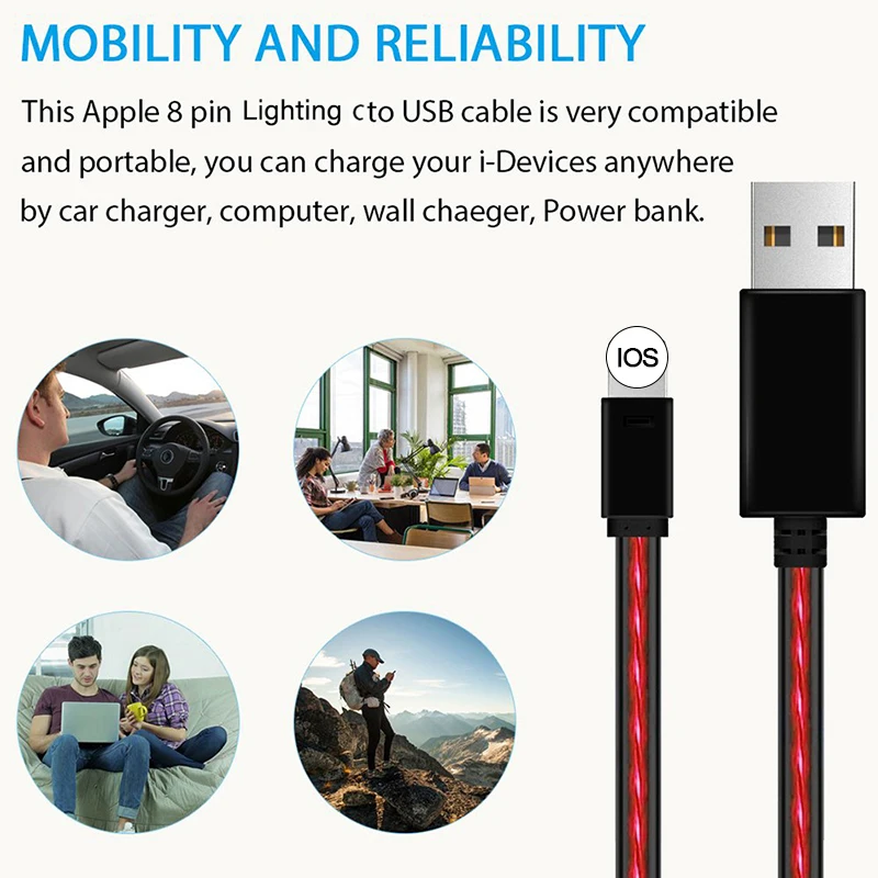 Светодиодный светящийся usb-кабель для iPhone 5S, SE 6 6S 7 8 Plus X XR XS Max для мобильного телефона, быстрая зарядка, светящийся зарядный кабель