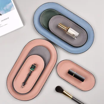 

Nordic Leather full Edging Metal Jewelry Storage Tray Desktop Bathroom Makeup Organizer Box Small Item Serving Decorative Tray
