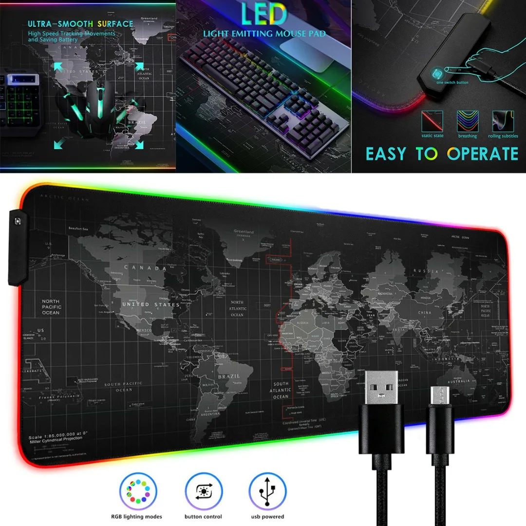 Новый очень большой игровой коврик для мыши RGB светодиодный светящийся Карта