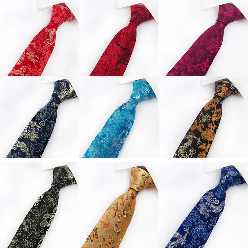 

High Quality 100% Silk Men Tie Chinese Dragon Gold Thread Embroidery Necktie 8CM Tie Formal Business Wedding Party Gravata Gift
